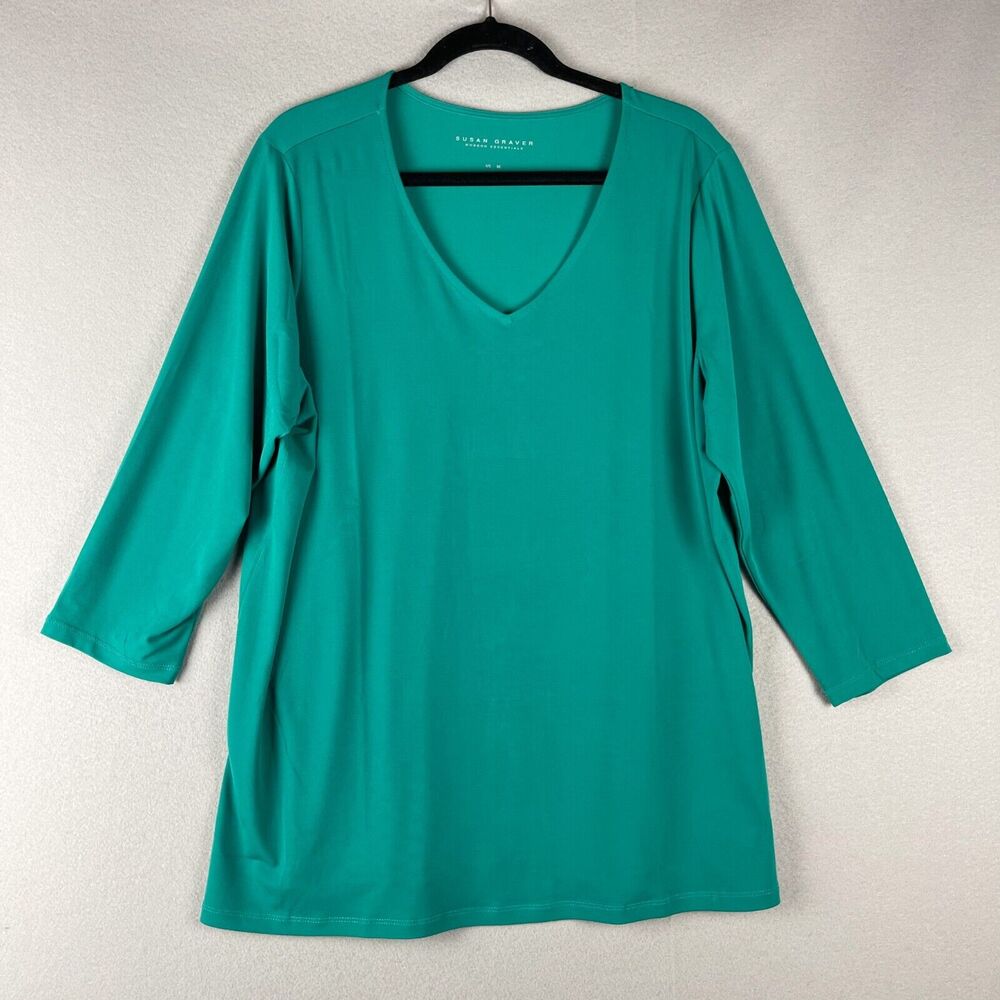 Susan Graver Tunic Top Womens XL Green Liquid Knit 3/4 Sleeve V Neck Stretchy
